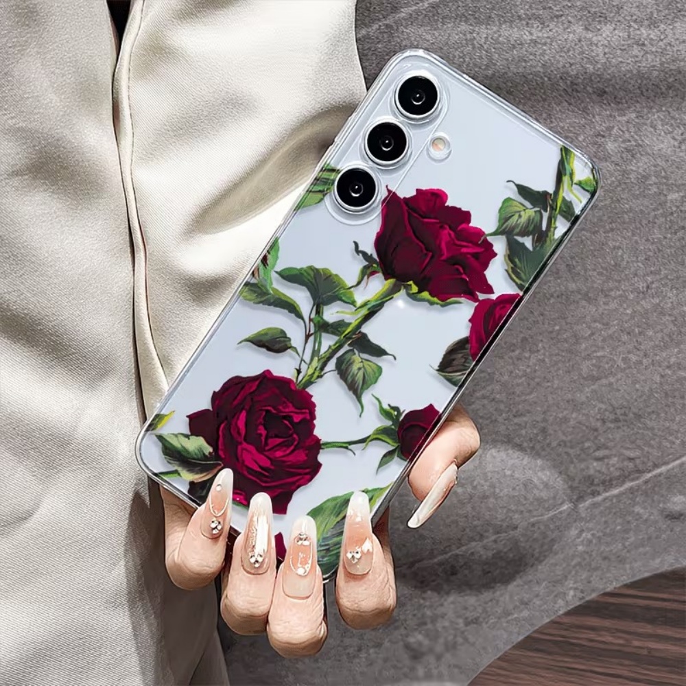 Phone Cases Aesthetic - เคสโทรศัพท์ลายดอกกุหลาบสีแดงสวยงาม สำหรับ Samsung S26 S25 S24