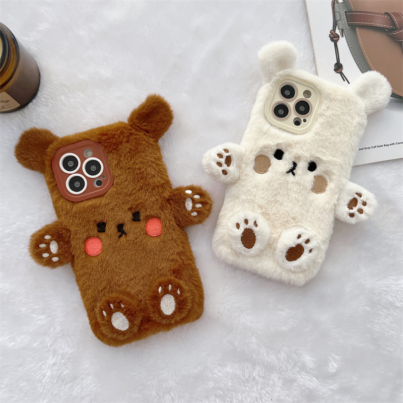 Phone Cases Iphone 16 - เคสโทรศัพท์คู่รักลายหมีการ์ตูน 3 มิติ สไตล์เกาหลี ขนปุย สำหรับ