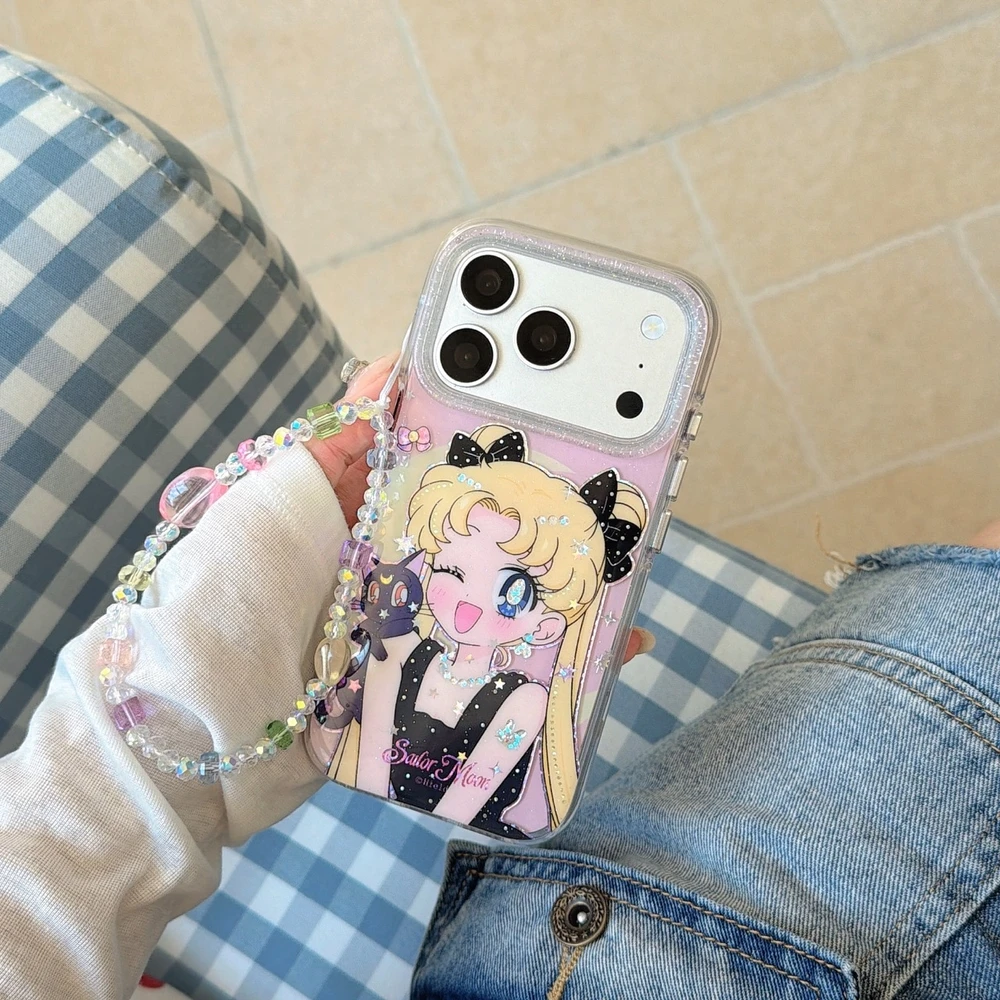 Glitter Shockproof Case - เคสโทรศัพท์ลายการ์ตูนน่ารัก ซีรีส์อนิเมะญี่ปุ่น เซเลอร์มูน ลูน่า แมว ประดับกลิตเตอร์
