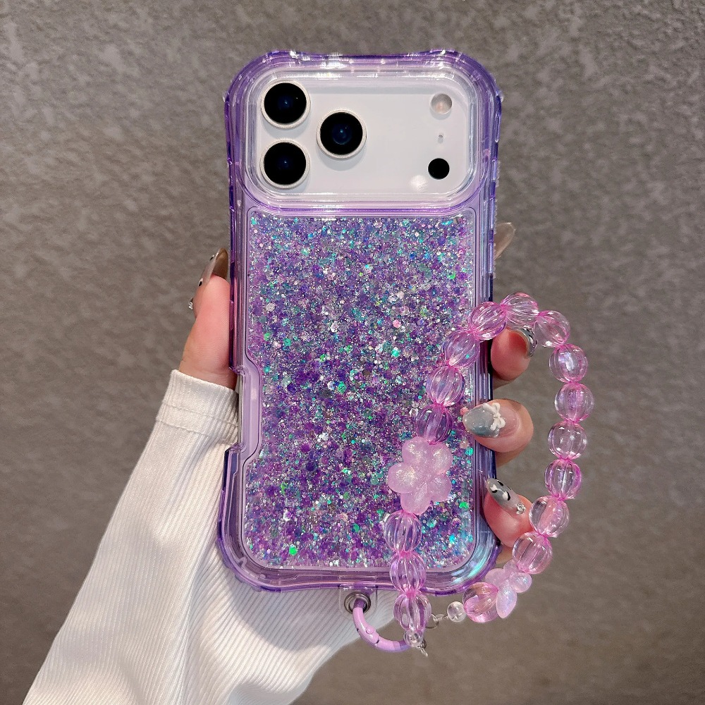 Glitter Shockproof Case - เคสใสหรูหราประดับกลิตเตอร์พร้อมสายโซ่เรซินสำหรับ iPhone 18 17 Pro Max