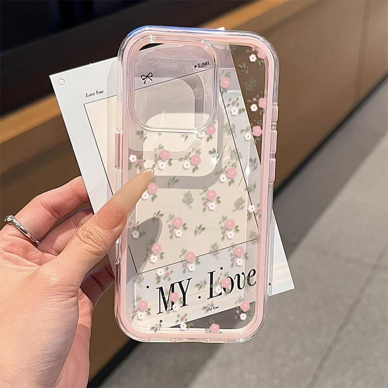 Phone Cases Like Loopy - เคสโทรศัพท์ใส TPU นิ่มลายใบไม้สีเขียว ดอกไม้สีชมพู 2in1 สำหรับ